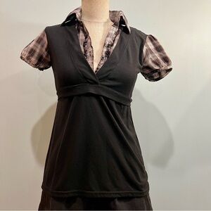 Chillipop Black Layered V-Neck Short Sleeve Top with Plaid Underlayer
